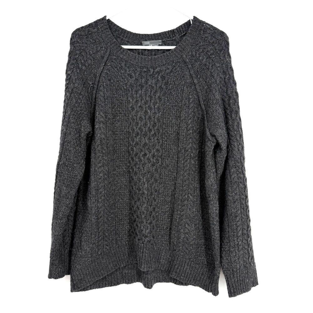Vince Sweater Gray Cable Knit Wool Alpaca Pullover Cabincore Fisherman Womens M